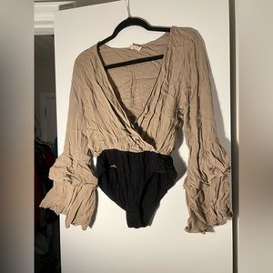 Tan Deep V-Neck Peach Love Bodysuit